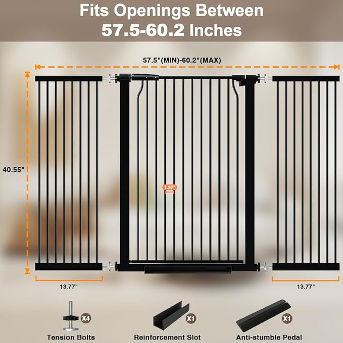 40.55" Extra Tall Dog Gate for Doorways Stairs, 57.5-60.2 in Extra Wide Baby Gate Walk Thru, Pressure Mounted Tall Pet Gates No Drill, Large Doggie Gates with Door, Auto Close Indoor, Black