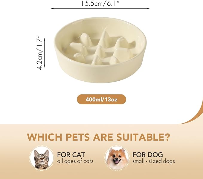 6.1inch Dog Bowl Slow Feeder Ceramic, Slow Pet Food Dish for Small Dog and Cat, Stop Bloat, Preventing Choking(Single Bowl, Beige)