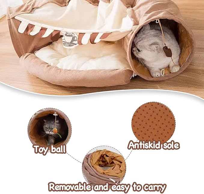 Cat Rabbit Tunnel Bed Nest for Cats Indoor, with Collapsible Washable Soft Cushion, Plush Ball and Exercise Wheel Tube, Fit for Puppy Bunny Kitty Kitten Ferret(2.Coffee)