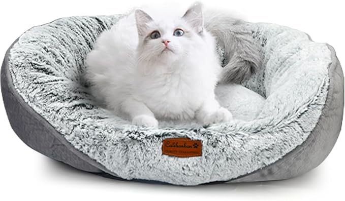 Luxury Calming Pet Bed for Cats & Small Dogs, All-in-One Machine Washable Long Fur Plush with Bolster, Non-Slip Waterproof Bottom & Orthopedic Support for Warmth, 20x19 Inch, Light Grey