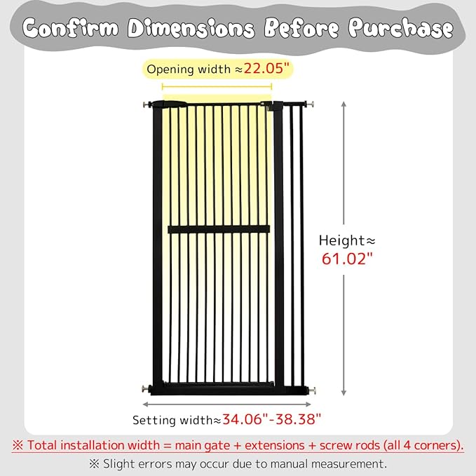 Lumizone Extra Tall Cat Gate 61.02" High Pressure Mounted Extra Wide 34.06"-38.38" (17Sizes) 1.37" Gap No Drilling Auto-Close Tall Pet Gate for Dogs (Black, 34.06"-38.38"/86.5-97cm)