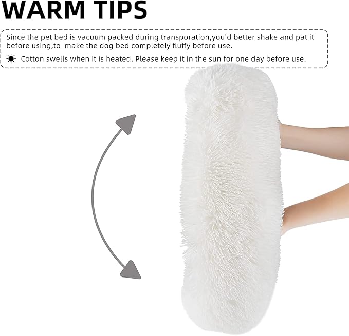 White Faux Fur Cat & Dog Beds 20 inches - Washable Dog Beds for Small Medium Dogs, Anti-Anxiety, Round Plush, Fluffy Thick Bottom