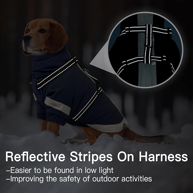 Turtleneck with Sleeves Dog Coats for Medium Dogs-L| Jackets with Reflective Harness Built in,Water-Repellent & Windproof Snowsuit,Soft Warm Lining for Beagle Cold Protection(Navy-Blue)
