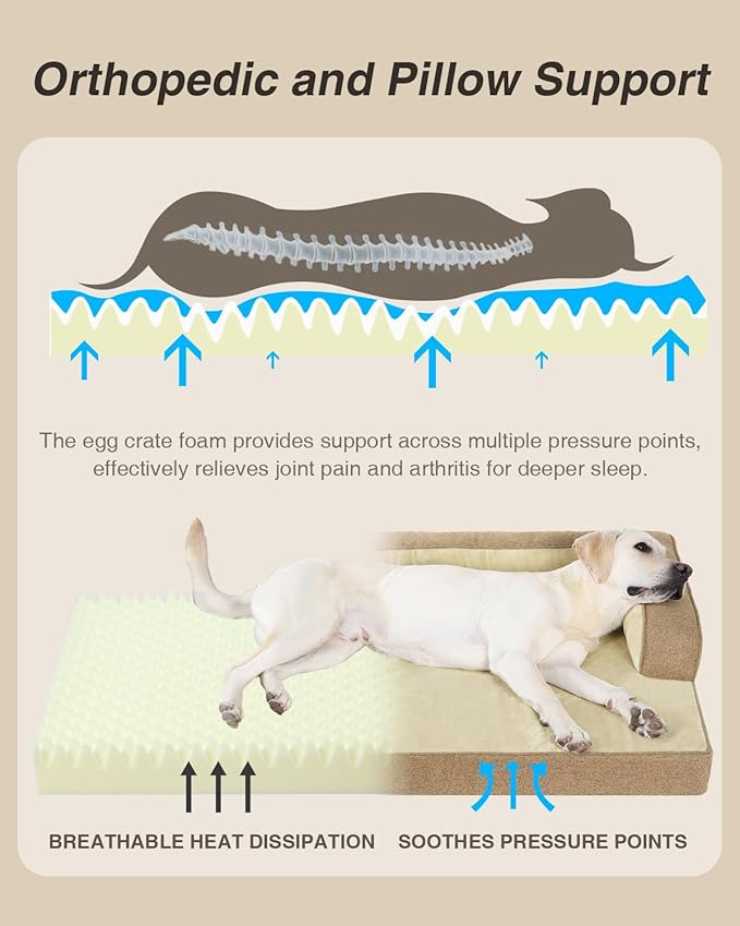 KSIIA Washable Dog Bed Large Sized Dog U-Shaped Bolster Pet Couch with Removable Waterproof Cover, Non-Slip Bottom and Egg-Crate Orthopedic Foam Pet Bed, 41 x 27 Inch, Brown