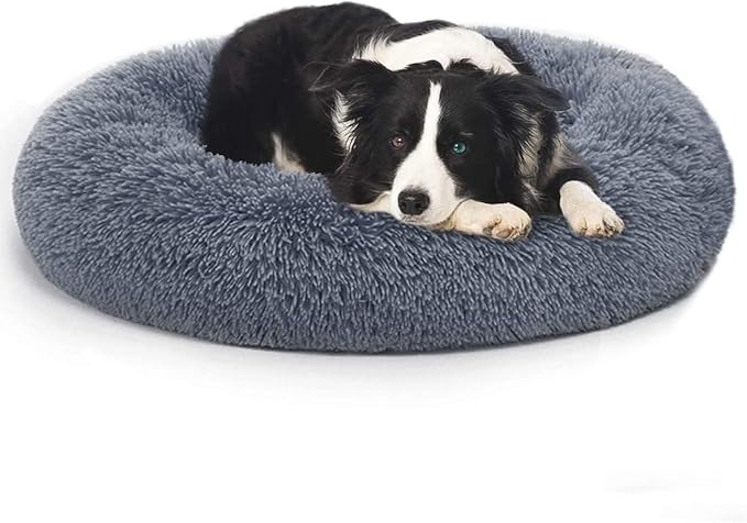 Original Calming Donut Dog and Cat Bed in Shag Fur, Dog Beds for Melium Dogs, Anti Anxiety Round Fluffy Plush Faux Fur Pet Bed (Dark Grey, XX-Large)