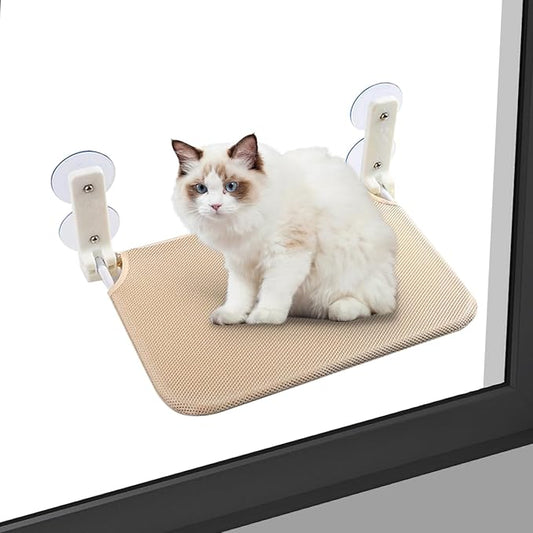 Foldable Cat Window Hammock with Dual Heavy-Duty Suction Cups - Plush Mesh Bed & Jumping Perch for Indoor Cats, Wall Mounted Space-Saving Design (Beige)