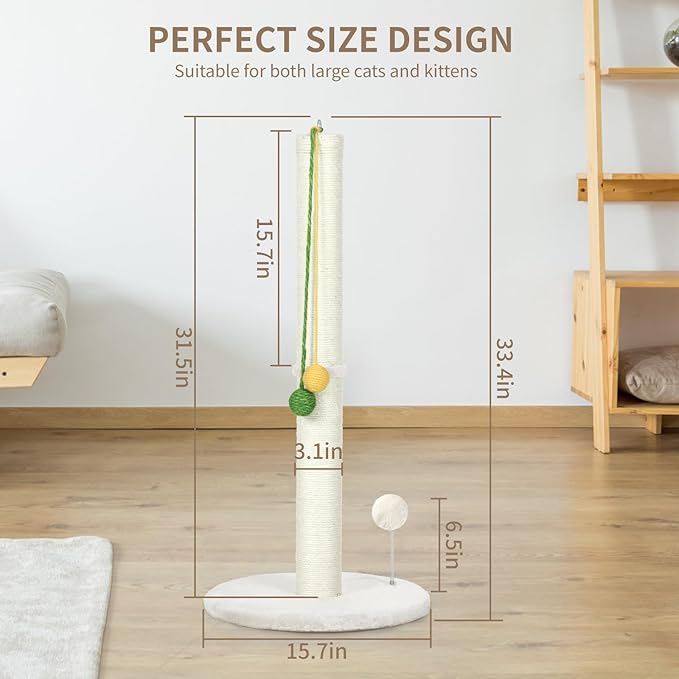 Simple cat Scratching Post Cat Scratcher 33.4 inch Tall Scratching Post with Sisal Rope for Indoor Kitten and Large Cats sisal cat Scratcher with Hanging Ball for Playing