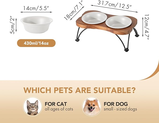 Ceramic 5.5-inch Raised Double-Bowl Set with Non-Slip Stand, Food & Water Dishes for Puppies and Cats, Wide Opening with Rounded Edges(Matt White)