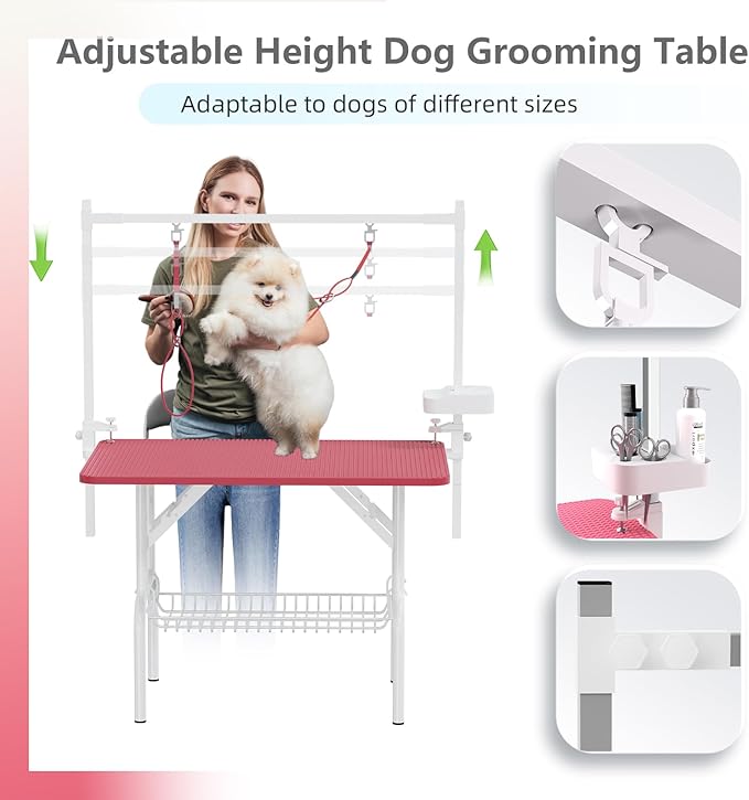 VFK 36''/47''Large Dog Grooming Table, Foldable Pet Station at Home, Dog Grooming Table,Adjustable Cat Drying Desktop with Arms, Nooses, Mesh Tray (Basic pet Table, 36" Pink)