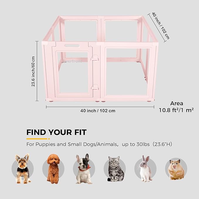 Clear Acrylic Plastic Dog Playpen - Clear Dog Play Pen - Easy Assemble Acrylic Dog Playpen - Puppy Playpen, Cat Playpen, Small Animal Playpen, Dog Play Pen Indoors (Pink-23.6" H, 8PCS)