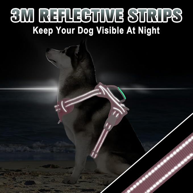 BARKBAY No Pull Dog Harness Large Reflective Dog Harness with Front Clip and Easy Control Handle for Walking Training Running with ID tag Pocket(Baby Pink,XL)