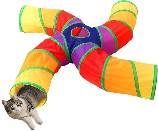 Pet Cat Tunnel, 4 Way Tunnels for Indoor Cats, Collapsible Pet Tunnel for Kitten, Puppy, Rabbit, 25cm-Wide Tunnels, Durable & Breathable, with Peek Hole Toy Ball