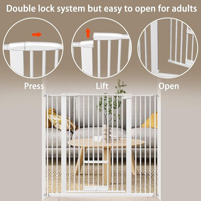 40.55" Tall 1.37" Ultra Narrow Spacing 30.12-61.61" Extra Wide Dogs Pets Baby Gate with Door for Doorway Cat Safety Proof Indoor Puppy Pressure Mounted No Drill White Black Metal Hallway