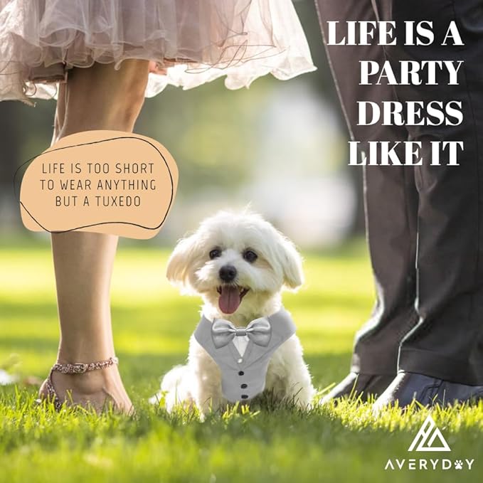 AVERYDAY Dog Tuxedo for Wedding Outfit, Dog Suit and Tie Costumes for Birthday, Halloween, Cosplay, Christmas Party, Pet Formal Wear with Bowtie, Tux for Small Dogs, Chihuahua, Bichon, Maltese, Cats