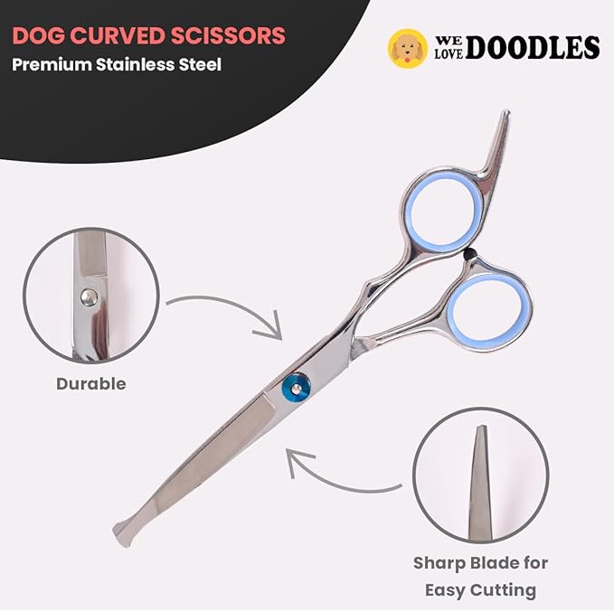 Dog Grooming Scissors Kit with Rounded Blunt Tips - Straight, Curved & Thinning Shears - Best Tools for Goldendoodles, Poodles & Doodles - Professional Grade Steel, 4 Pc Set [We Love Doodles]
