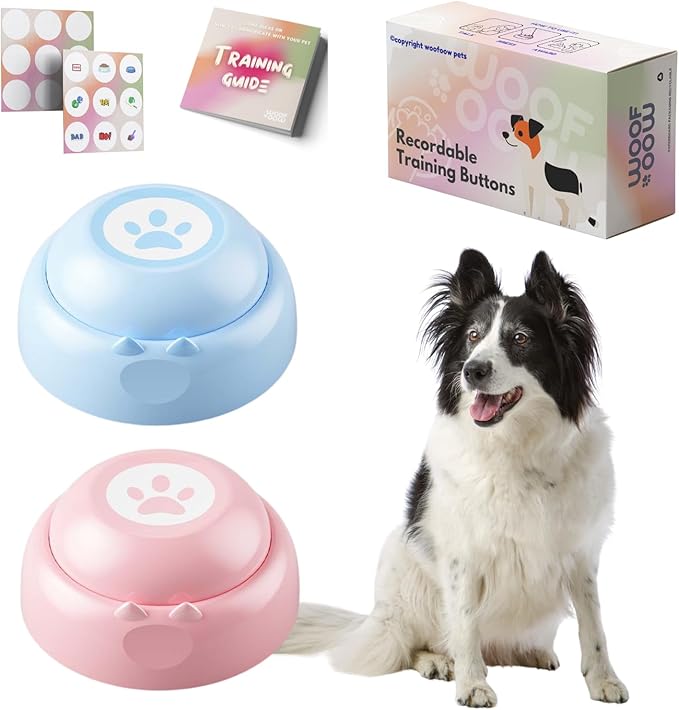 Recordable Dog Buttons, Loud 30-sec Voice Recording Buttons, Pet, Dog, Cat Buttons for Communication, Training and Talking Buttons for Small Dogs, with Training Manual, and Stickers, 2 Buttons