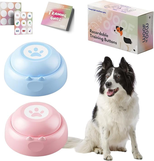 Recordable Dog Buttons, Loud 30-sec Voice Recording Buttons, Pet, Dog, Cat Buttons for Communication, Training and Talking Buttons for Small Dogs, with Training Manual, and Stickers, 2 Buttons