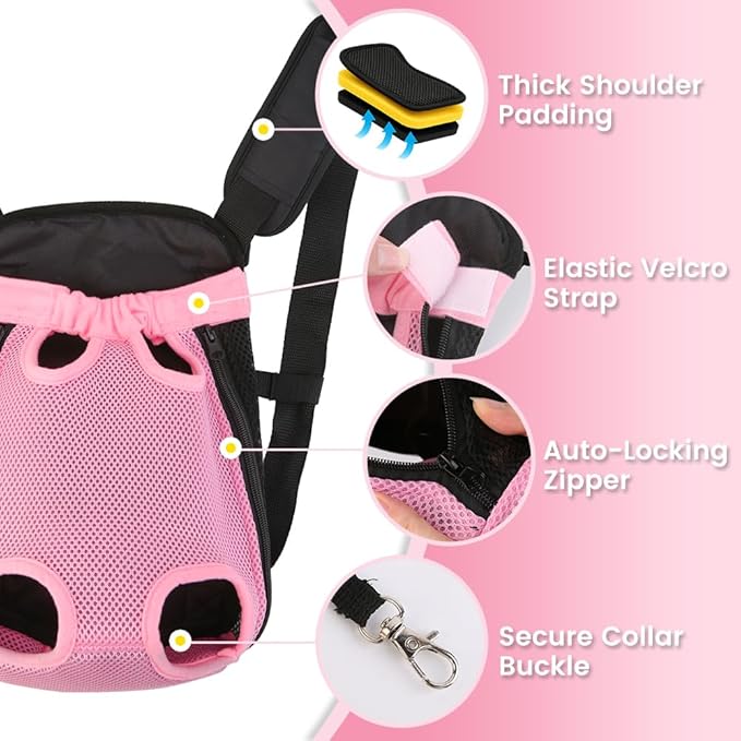 Dog Backpack Carrier, Thick Straps & Cushion, Pet Sling Front Backpacks for Small Medium Dogs 4-7 Lbs, Legs Out, Adjustable Wearable Puppy Chest Travel Bag, Easy-Fit for Hiking/Walking/Camping