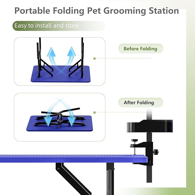 VFK 36''/47''Large Dog Grooming Table, Foldable Pet Station at Home, Dog Grooming Table,Adjustable Cat Drying Desktop with Arms, Nooses, Mesh Tray (Basic pet Table, 36" Blue)