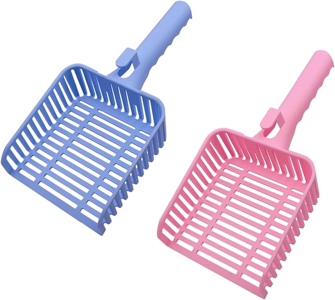 YXQ 2Pcs Litter Scoop for Cats Plastic Durable Deep Shovel Small Holes and Long Handle for Sifting Kitty Litter (Red+Blue)