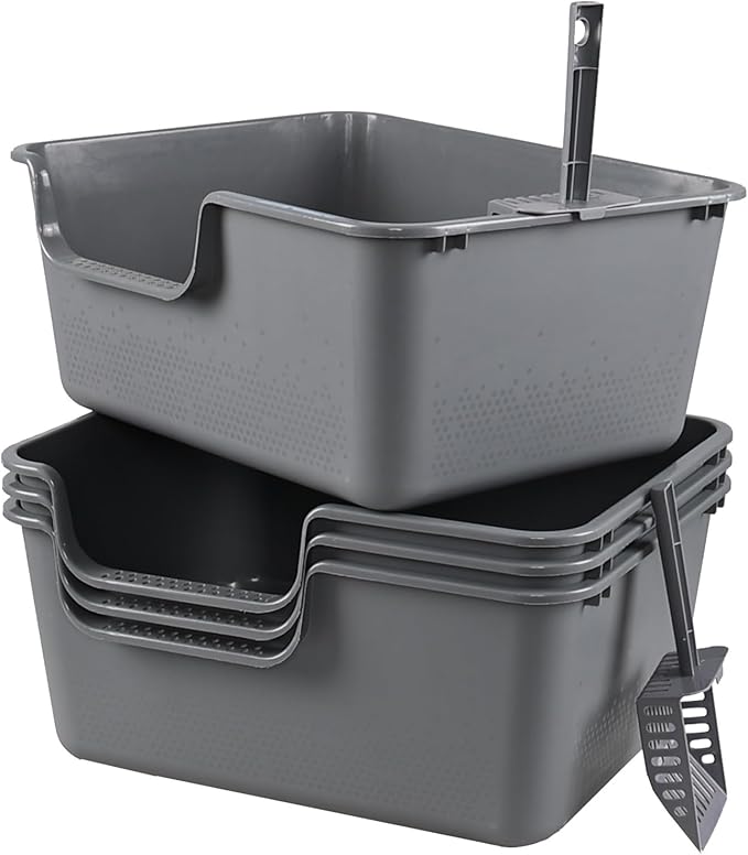 Bringer 4-Pack Plastic High Side Cat Litter Box, Large Open Top Cat Litter Box, Gray, 19.69 x 15.24 x 8.46 Inches