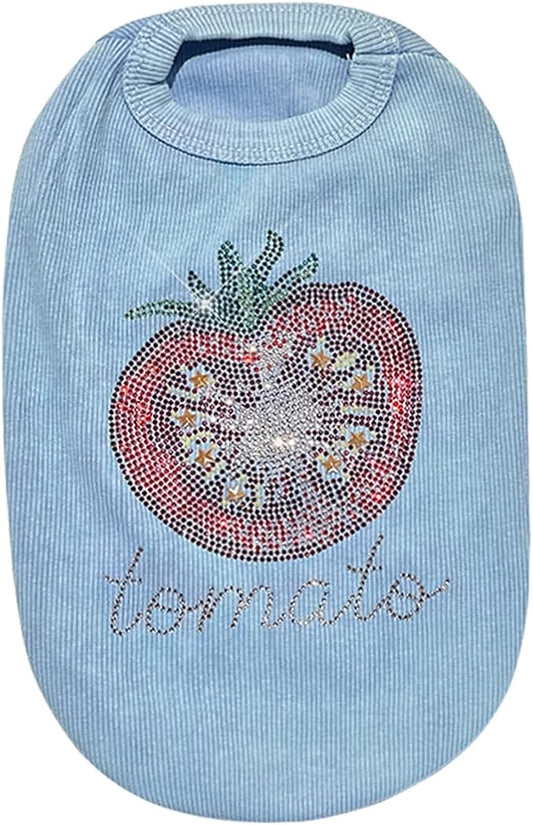 Washed Cotton Pet Vest with Rhinestone Fruit Designs, Soft & Stylish Small Dog Cat Vest for Spring Summer, Breathable & Shiny (Blue-Tomato, X-Small)