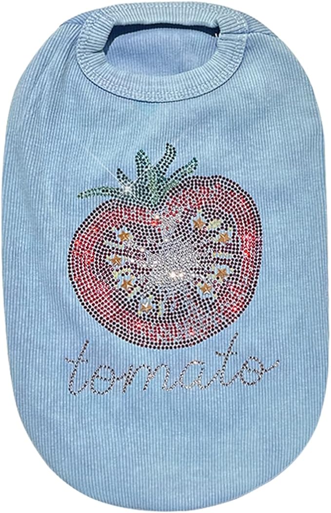 Washed Cotton Pet Vest with Rhinestone Fruit Designs, Soft & Stylish Small Dog Cat Vest for Spring Summer, Breathable & Shiny (Blue-Tomato, Medium)