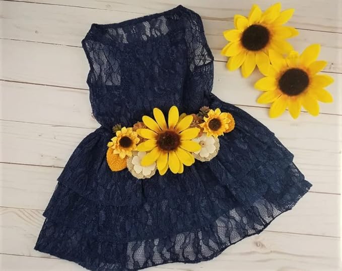 Sunflower Dog Dress, Navy Sunflower Wedding Dog Dress, Dog Flower Girl Dress, The Dorothy, Wedding Dog Dress, Dog Clothes (XX-Small (2-4 lbs))