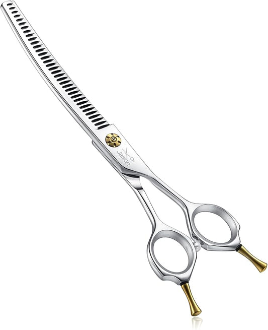 JASON Dog Shears for Grooming - 7" Up-curved Thinning Scissors with 55%-60% Thinning Rate, Japanese 440C Stainless Steel Dog Grooming Blenders with Adjustable Screw (35 Teeth, Silver)