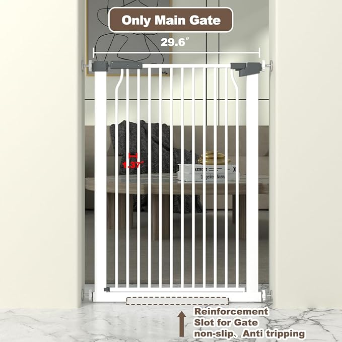 41" Extra Tall Cat Gate for Doorway, 29.6-31.5''W Metal Pet Baby Safe Gate, Extra Wide Pressure Mounted Baby Gate, No Drilling Cat Fence Indoor, Tall Dog Gate, White