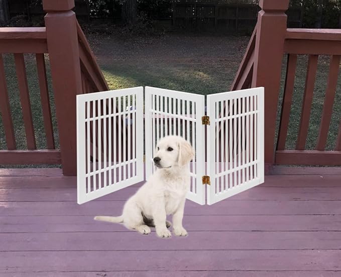 Pet Dog Gate Strong and Durable Freestanding Folding Acacia Hardwood Portable Wooden Fence Indoors or Outdoors by Urnporium (White Pet Gate, 3 Panel 24" Tall)