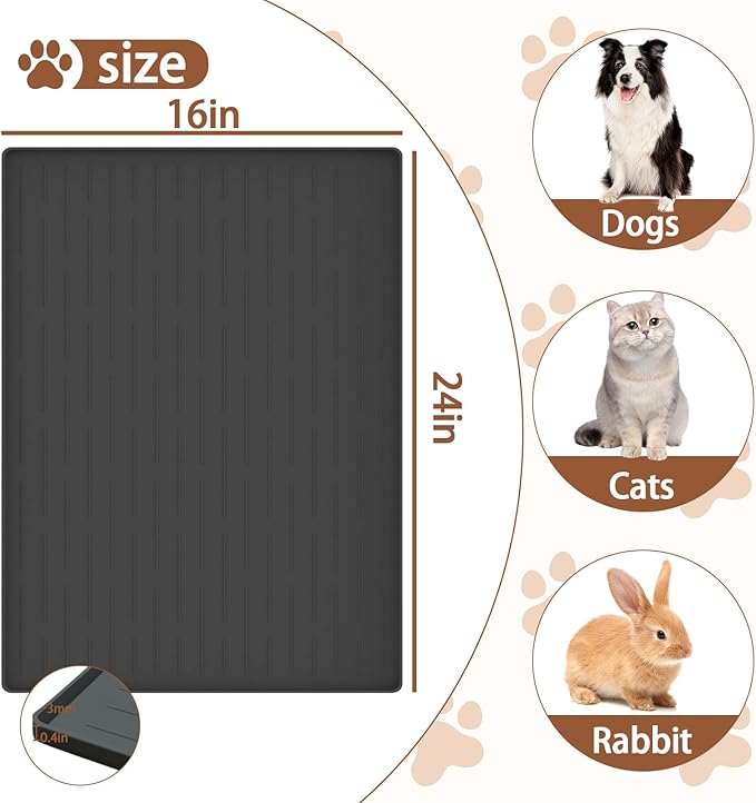 24"x16" Large Dog Food Mat, Silicone Dog and Cat Mats for Food and Water Bowls, Waterproof Raised Edge Pet Feeding Mat for Contain Spills Protects Floors, Multiple Colors & Sizes for Pets, Black