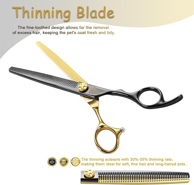 7.5'' Thinning Dog Grooming Scissors with Decorative Screw Sharp and Durable Black and Gold 440C Stainless Steel Dog Thinner Shears Easy Use for Groomers and Beginners.