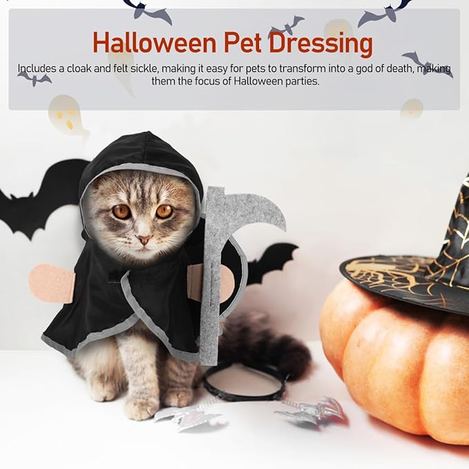 Halloween Pet Cosplay Cloak for Cats and Dogs, Lightweight Polyester Cape with Hat, Funny and Comfortable Costume for Halloween Parties