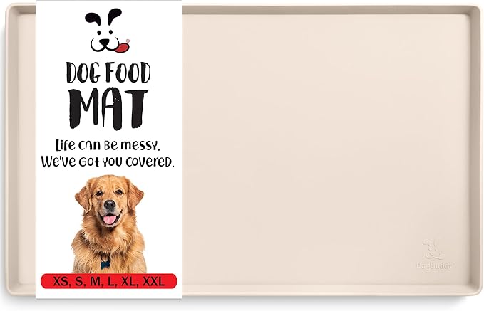 DogBuddy Dog Food Mat – Waterproof Dog Bowl Mat for Food and Water, Silicone Pet Feeding Mats for Floors, Non-Slip Placemat with High Edges for Dogs Bowls, Puppy Essentials (S: 19" x 12", Vanilla)