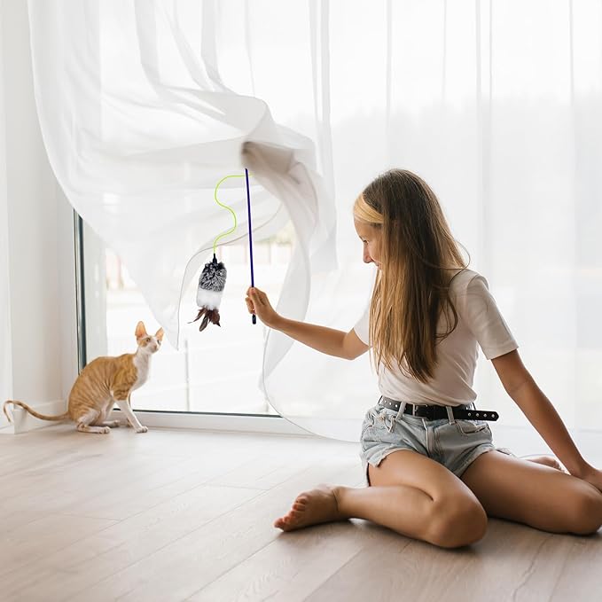 Interactive Cat Toy Wand with Feather and Bell- Vibrant Blue-Violet Wand Cat Toys for Indoor Cats- Feather String Toy for Cats and Kittens.