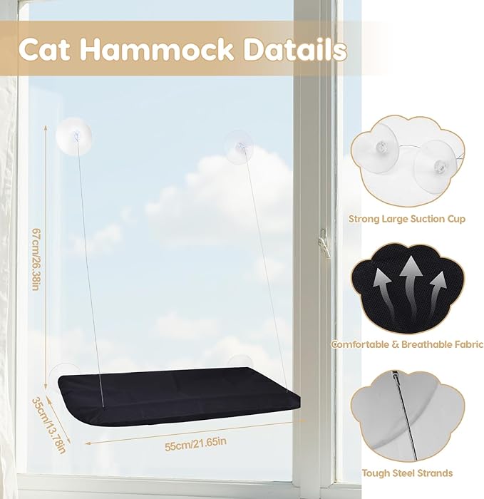 Cat Window Perch, Hanging Cat Hammock for Window, Foldable Cats Windows Bed with 4 Suction Cup, Windows Hammock for Cats Inside Perch Hold up to 44 Pounds Two Pets