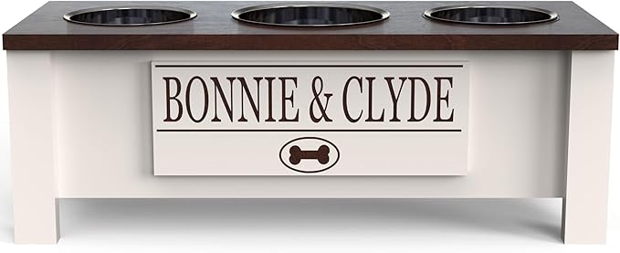 GrooveThis Woodshop - Personalized Elevated Triple Dog Bowl Stand for Large, Medium, Small, X-Small Dogs - 3 Stainless Steel Food and Water Bowls - Raised Dog Dish - Internal Storage (Medium, Brown)