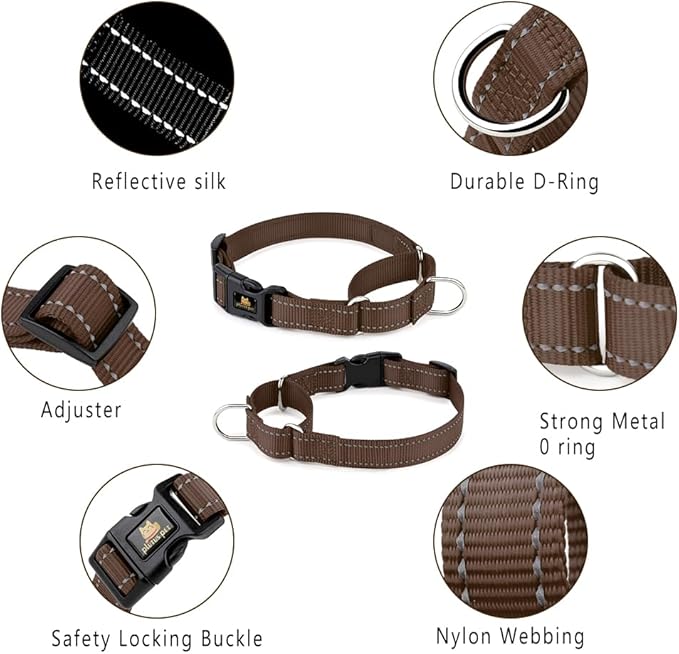 PLUTUS PET Reflective Martingale Collar with Quick Snap Buckle,No Pull Dog Choker Collar for Small Medium Large Dogs, L, Chocolate