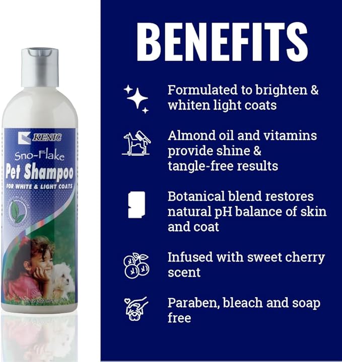 Kenic SNO-Flake Gentle Botanical Whitening and Brightening Dog Shampoo for Light & White Fur/Coats, Made in USA, Paraben & Soap Free