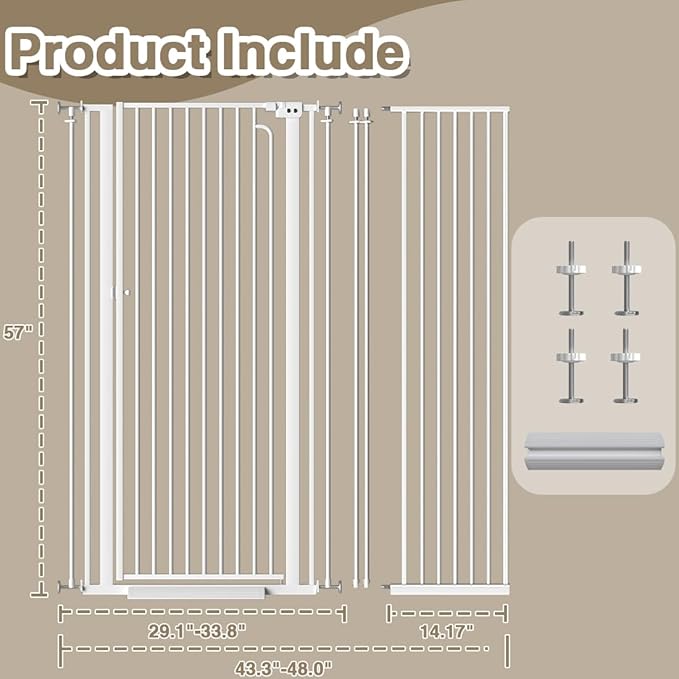 57" Extra Tall Cat Gate, 43.3"-48.0" Wide Pet Gate for Doorway, Pressure Mounted Tall Baby Gate with Door, Walk Through Dog Gate Indoor Stairs, Auto Close Cat Safety Gates, White