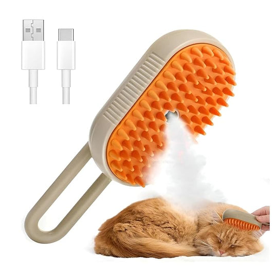 4-in-1 Steam Cat Brush for shedding–Self-Cleaning Comb for Long and Short Hair Cats and Dogs, Steam Pet Brush for Hair Removal, Vibrating Message, Grooming & Relaxation (Khaki)
