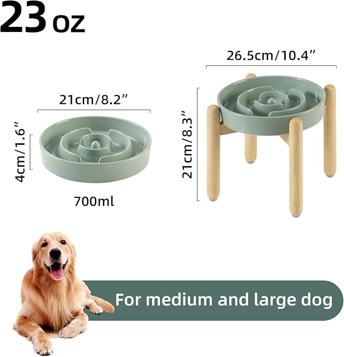 8.2inch Ceramic Raised Slow Feeder Dog Bowl Set, Elevated Wooden Stand for Large and Medium Dog, Puzzle Slow Dish, Anti-Gulping(Light Green, Single Bowl+ Stand)