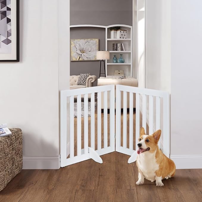 unipaws 24”H Free Standing Pet Gate for Dog Cat, Wooden Dog Gates for Doorway, Stairs, Step Over Foldable Pet Fence for The House, Expandable Doggy Barrier, Indoor Use, White