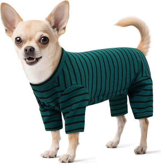 Striped Dog Pajamas - Jammies for Small to Large Dogs, Fleece Shedding Suit, Stretchy & Machine-Washable Pjs, Belly Cut for Males, Great for Surgery & Cold Weather, Green XS