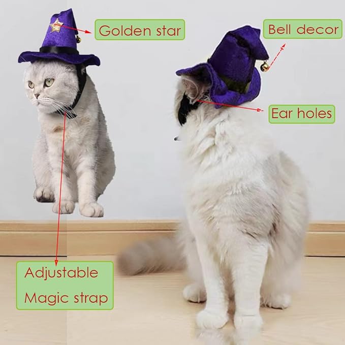 ANIAC Pet Halloween Costume Adjustable Magic Witch Hat with Bell Star Decor for Cats and Small Dogs Purple
