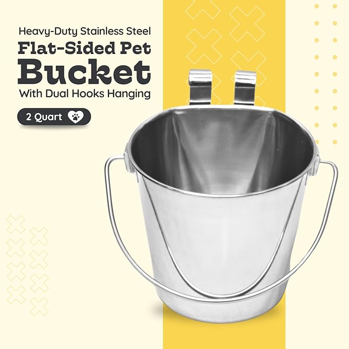2 Quart Stainless Steel Flat Sided Pail with Dual Hooks | Hanging Bucket for Dog, Cat, Bird & Small Animals | Durable Food & Water Bowl Fits Kennels, Crates & Cages | Multipurpose Use