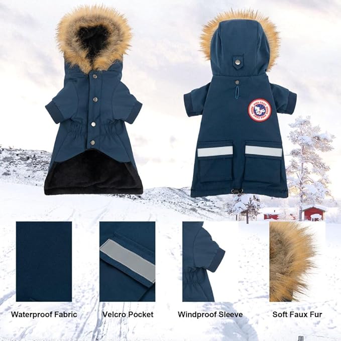 PINA Small Dog Coats - Waterproof, Warm Winter Jacket with Faux Fur Hood, Reflective, Flannel Lined, Windproof, Pocket