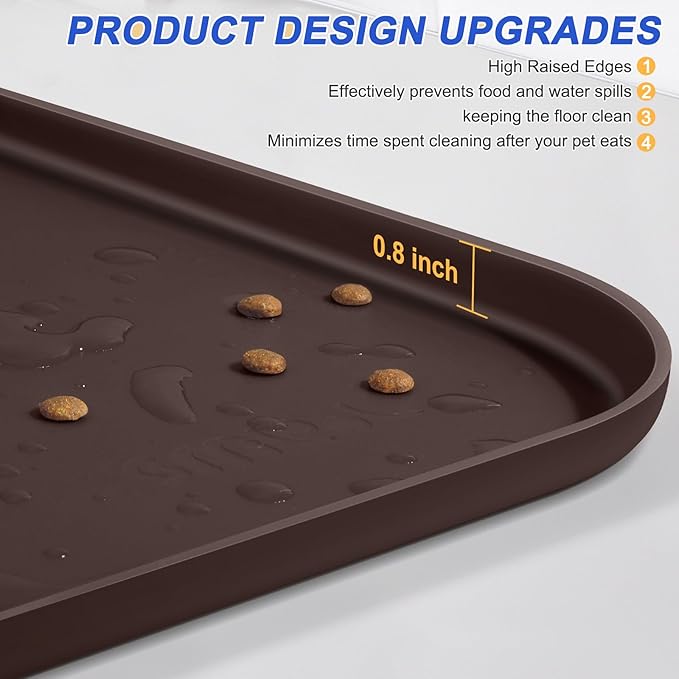 Silicone Pet Feeding Mat with Raised Edge for Food and Water, Dog Bowl Mats, Cat Bowls Placemat with High Lip for Floor Waterproof, Rubber Tray for Cats and Dogs 24 x 16 x0.8 Dark Brown