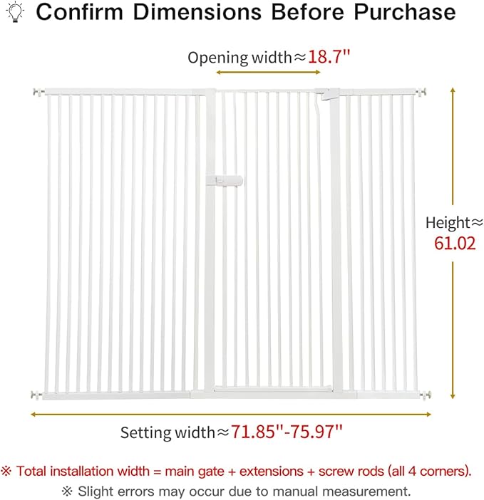 Lumizone Extra Tall Cat Gate 61.02" High Pressure Mounted Extra Wide 2025 New (17 Sizes) 1.37" Gap No Drilling Auto-Close One-Handed Operation Tall Pet Gate for Dogs(White,71.85"-75.97"/182.5-192.5CM)